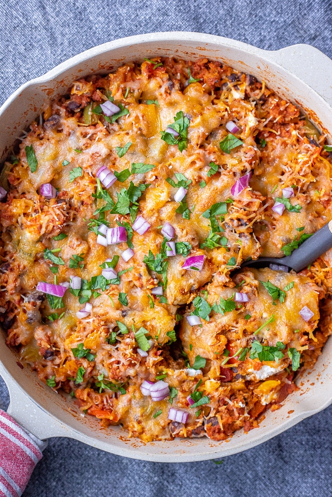 big pan of vegetarian stuffed pepper casserole with soy chorizo