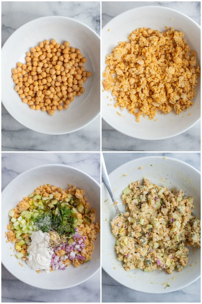 Showing how to make chickpea salad melts with step by step photos
