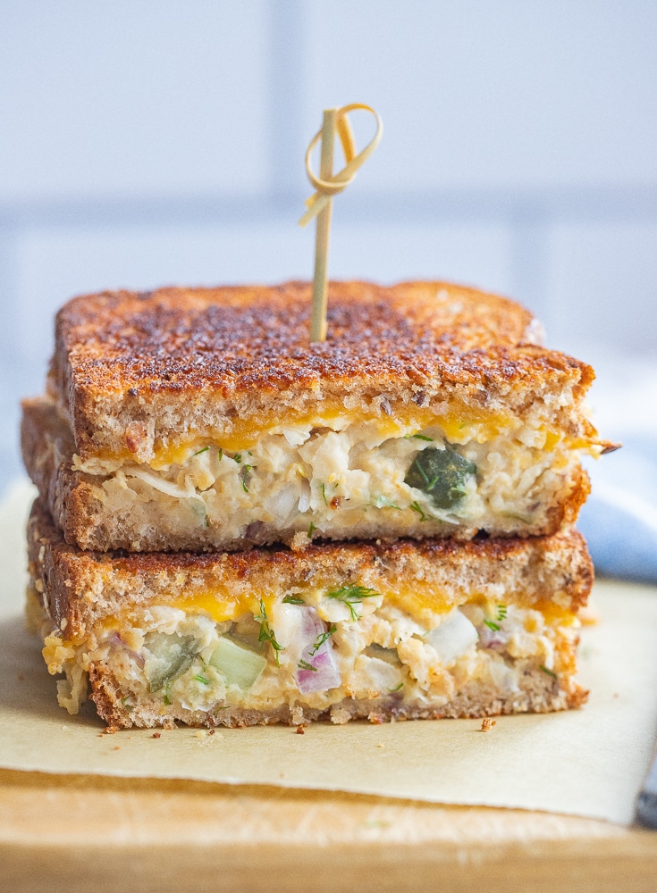 two vegetarian tuna melts stacked on top of each other