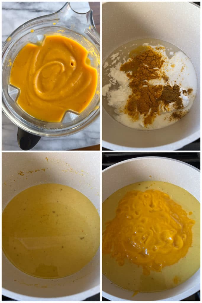 showing step by step directions on how to make this coconut curry roasted butternut squash soup