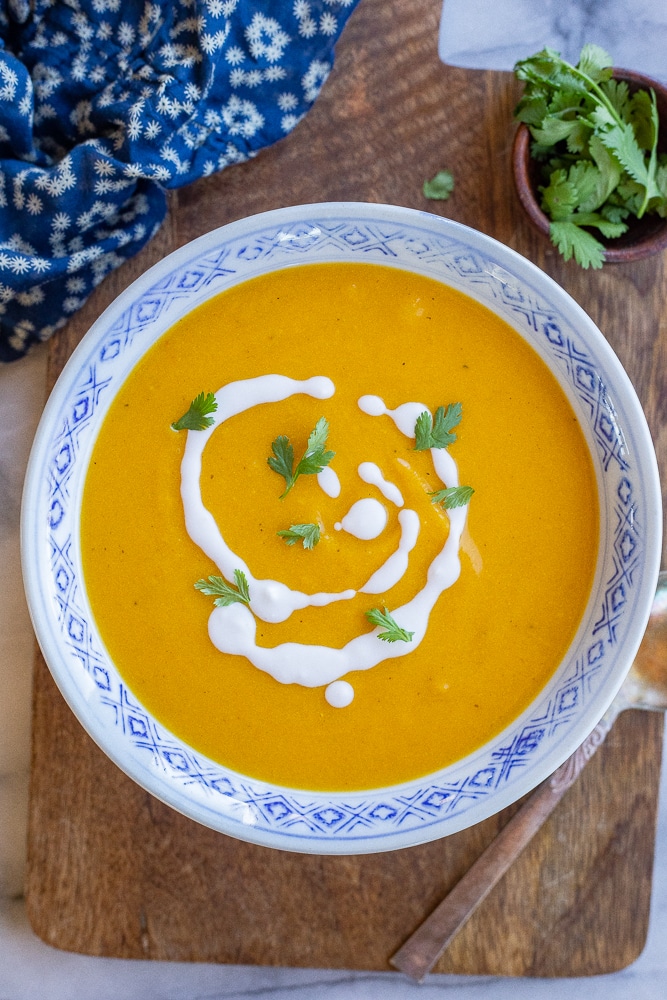 bowl of coconut curry roasted butternut squash soup