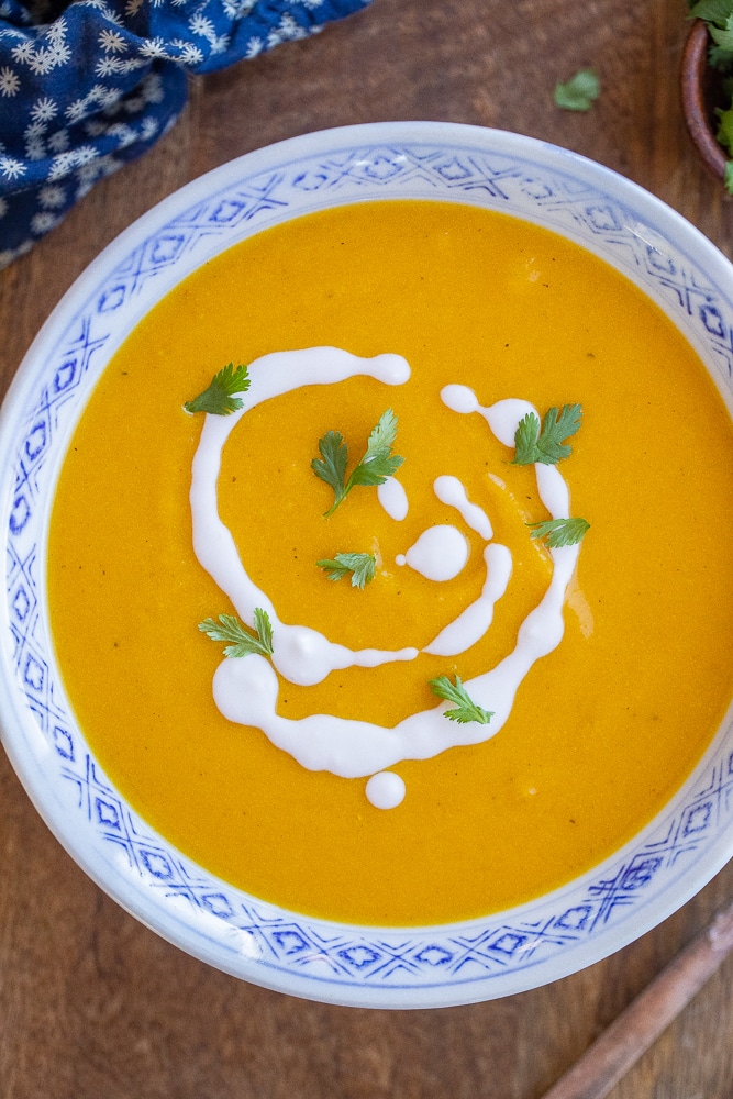 close up of a bowl of butternut squash soup