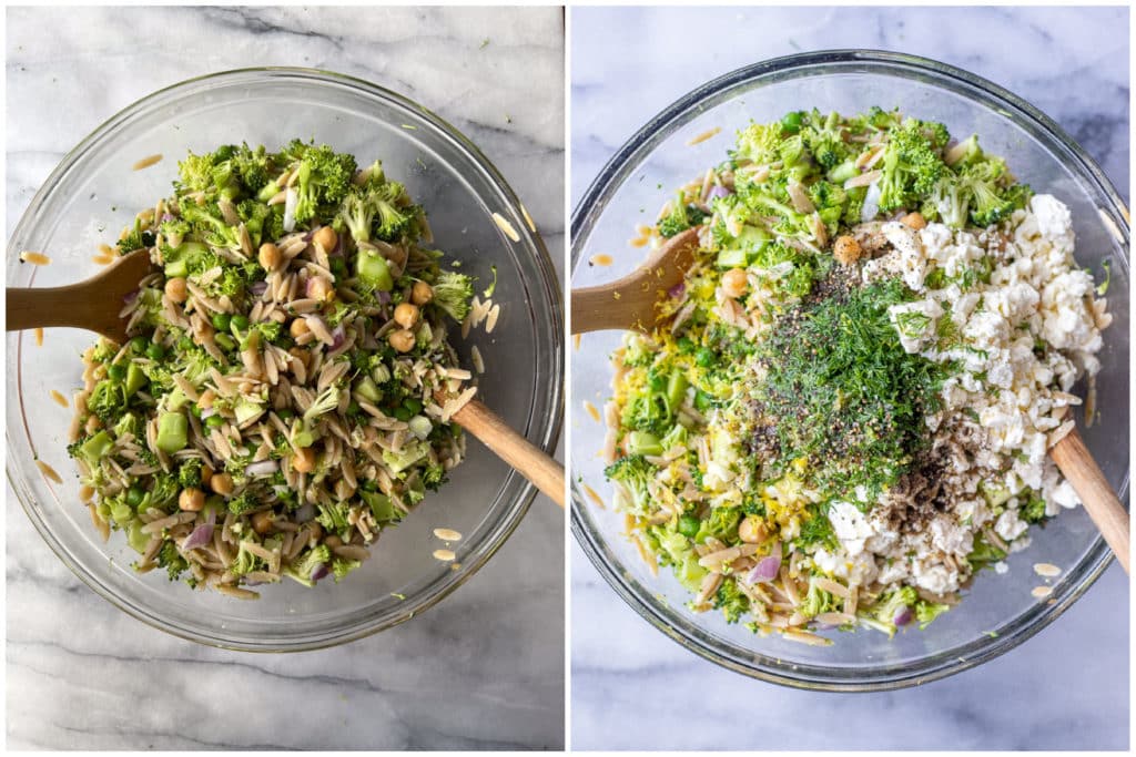 orzo broccoli salad mixed together in a serving bowl