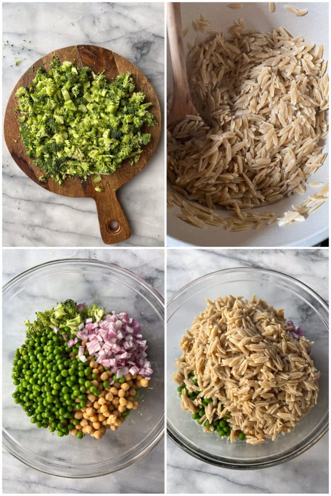 showing how to make orzo salad with all ingredients in a bowl