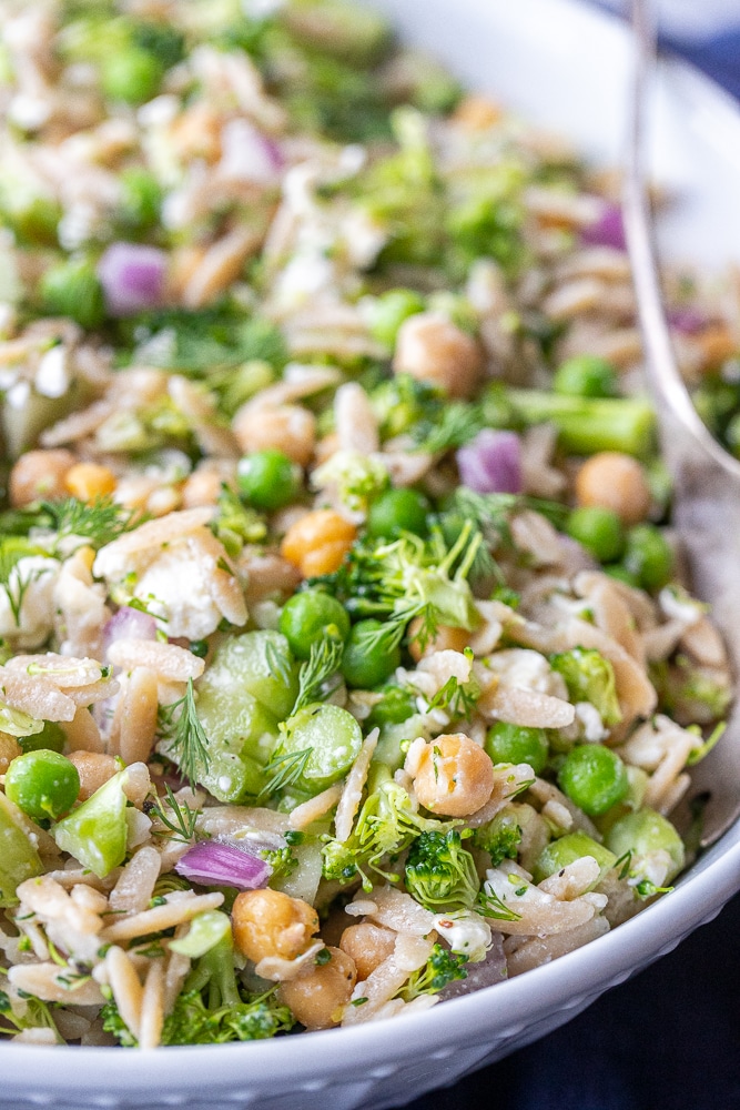 close up of orzo broccoli salad with chickpeas