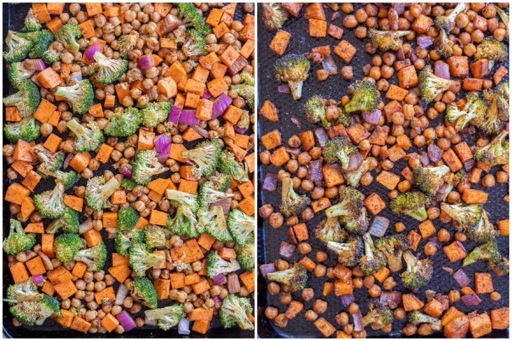 showing how to make the roasted sweet potato, broccoli and chickpeas