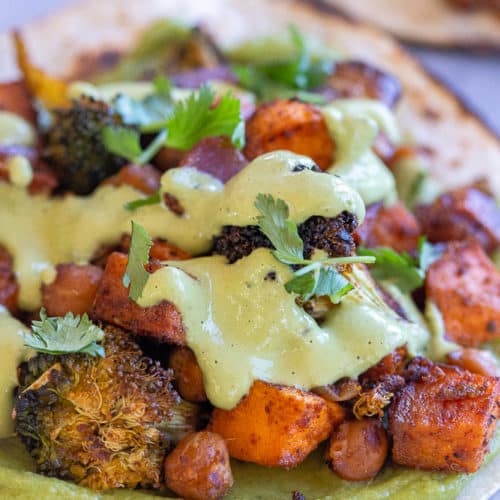 Roasted Sweet Potato, Broccoli and Chickpea Tacos with Green Tahini