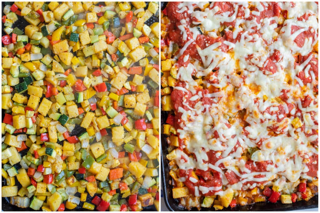before and after the polenta and vegetables have been baked