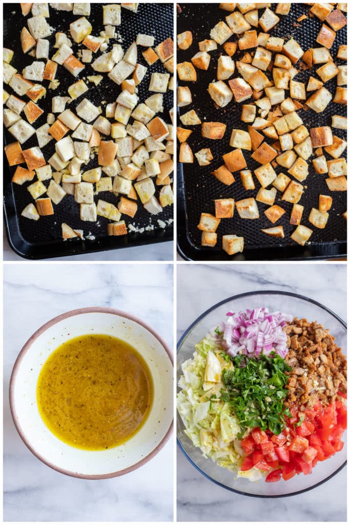 shows how to make the crusty bread and salad dressing for this BLT Panzanella Salad