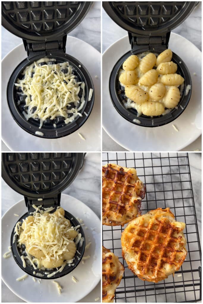 showing how to make these cheese gnocchi waffles with a mini waffle maker
