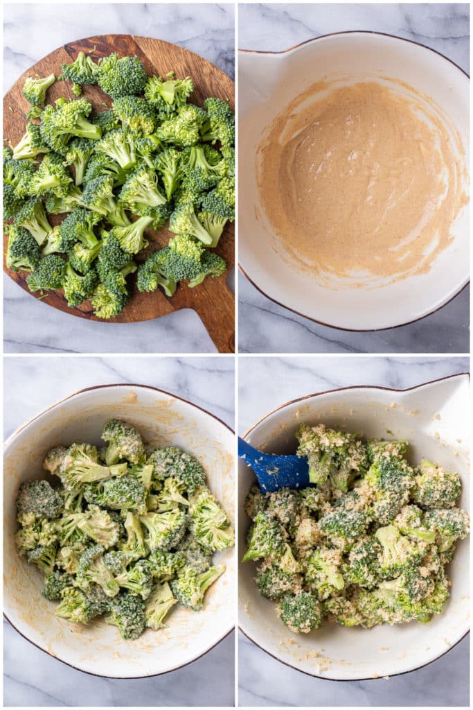 showing how to make the best crunchy baked broccoli with batter and panko