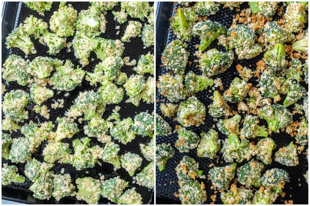 crunchy baked broccoli before and after being baked