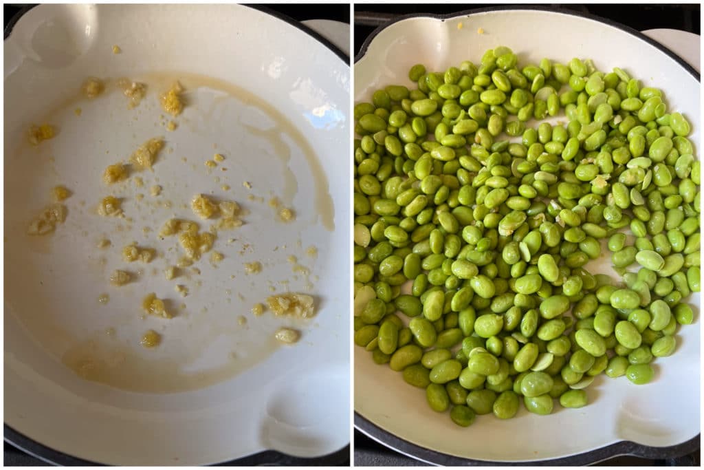 showing how to prepare the garlic ginger edamame in a frying pan