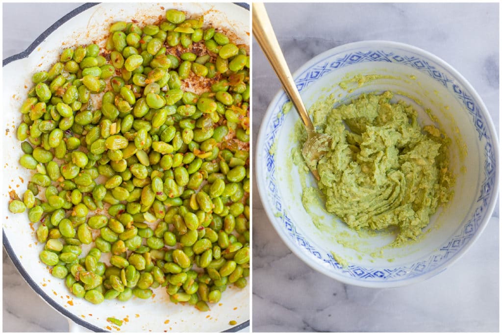 cooked edamame and mashed avocado for avocado toast
