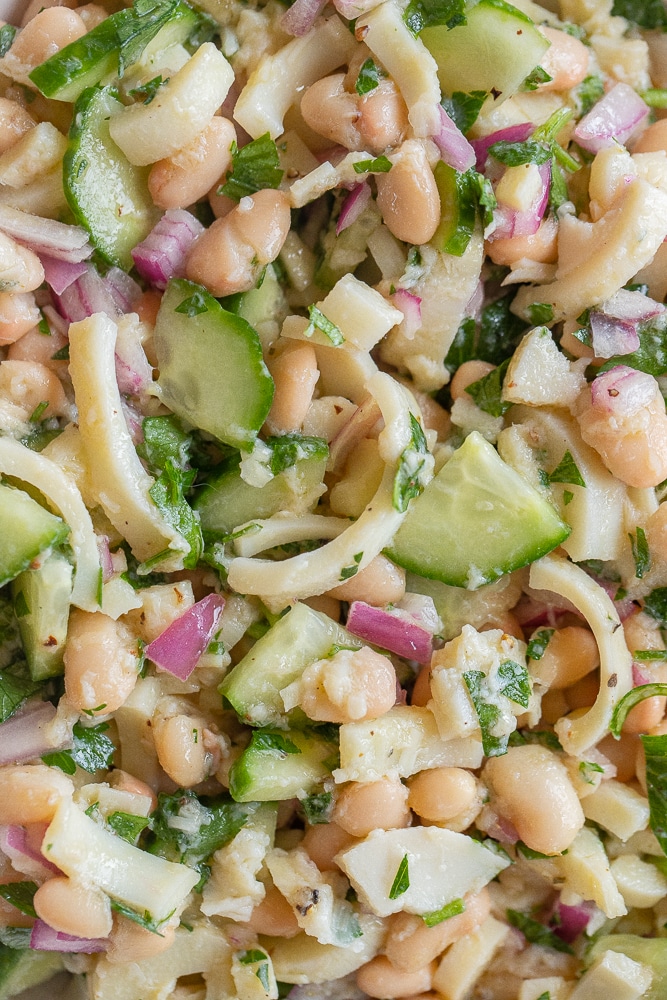close up of hearts of palm and white bean salad