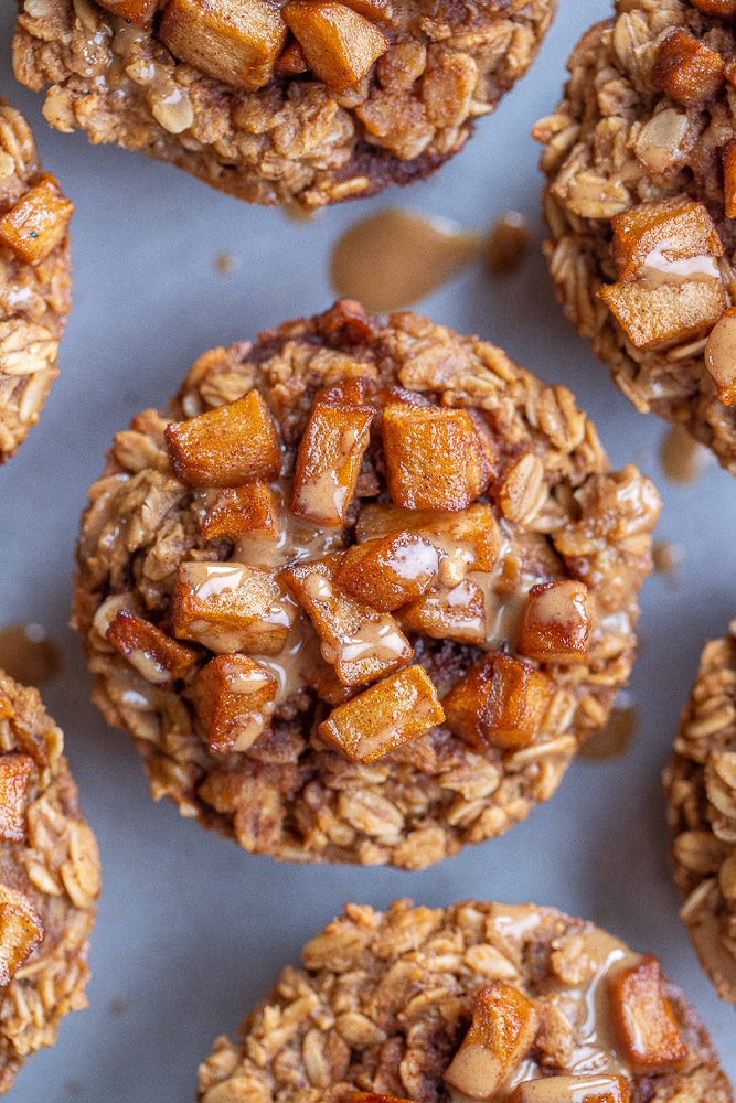 close up of a Caramelized Apple and Peanut Butter Baked Oatmeal Cups