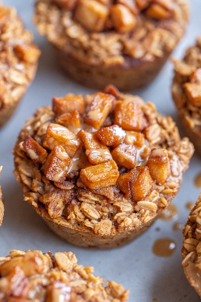 close up of apple peanut butter baked oatmeal muffins