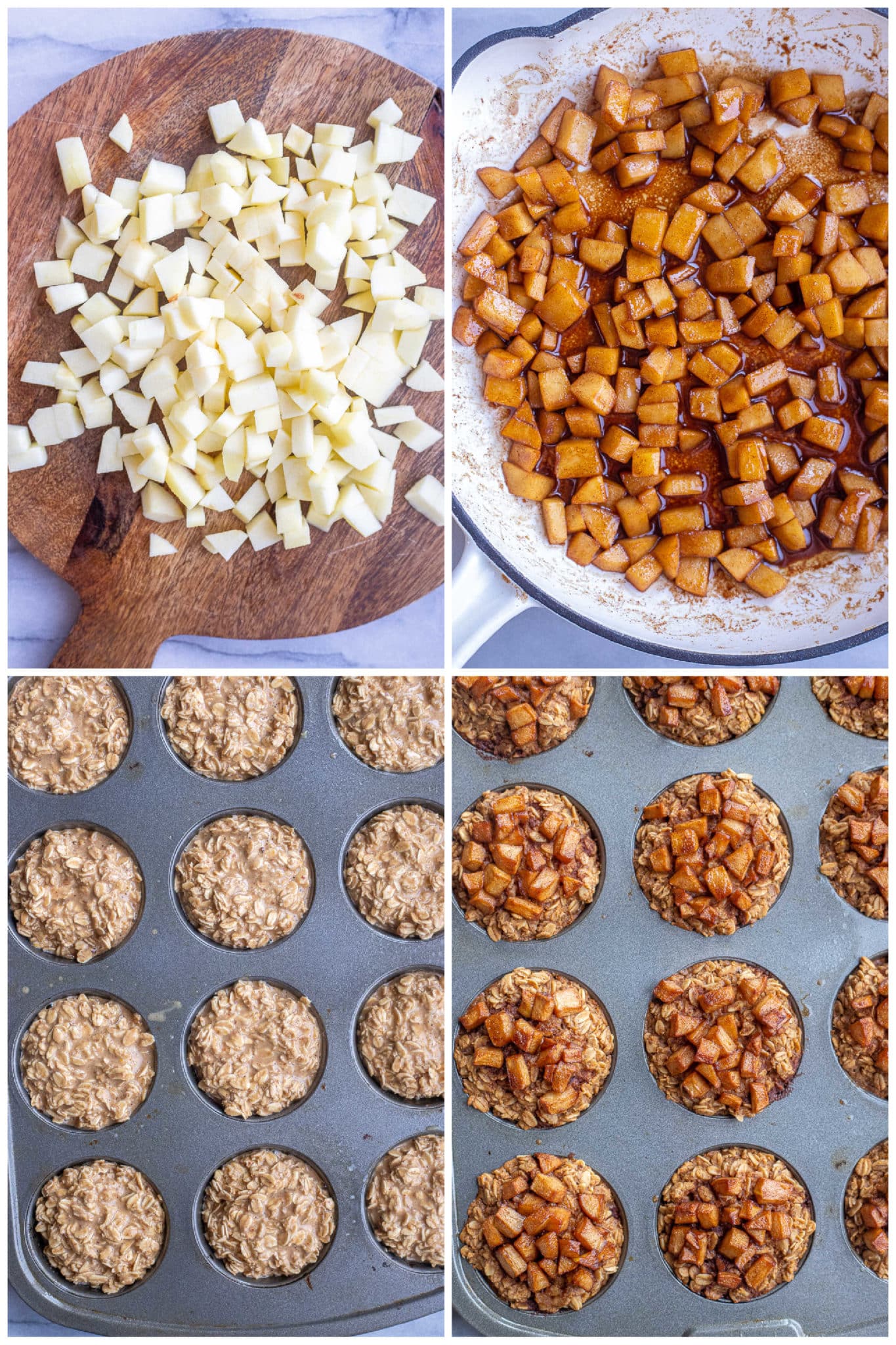 showing how to make caramelized apples and peanut butter baked oatmeal cups