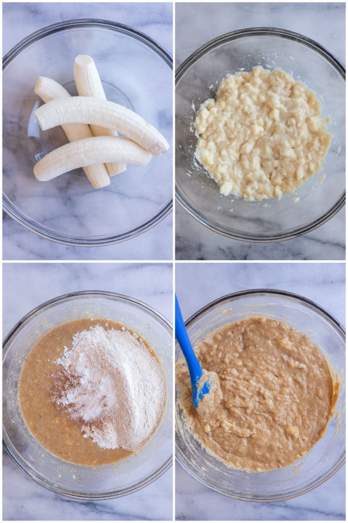showing how to make banana bread bars in one bowl