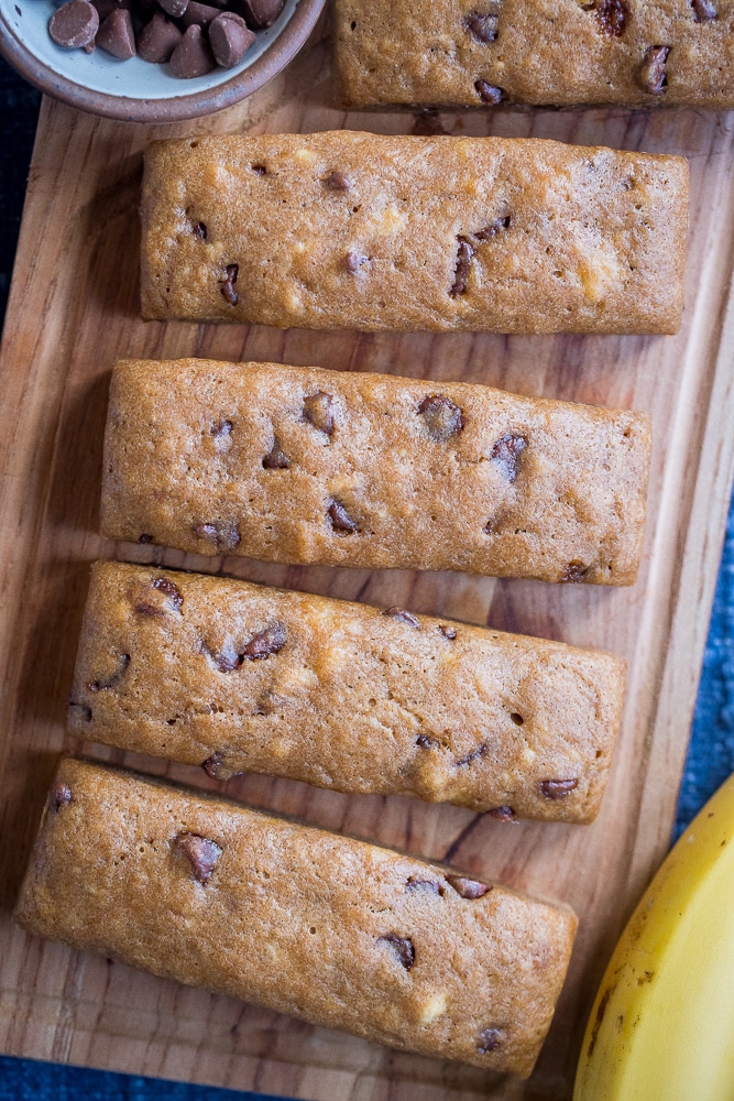 chocolate chip banana bread bars on a cutting board