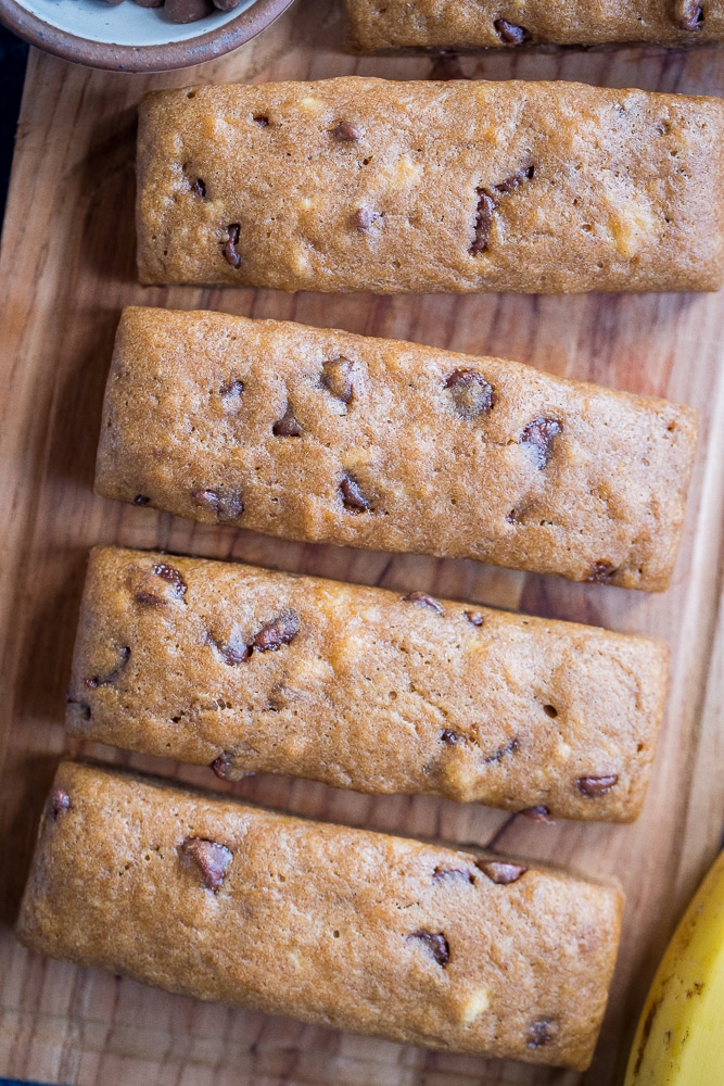 Chocolate Chip Banana Bread Snacking Bars on a cutting board