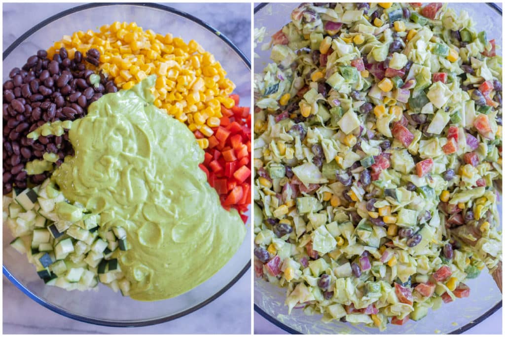chopped cabbage salad before and after it has been mixed up