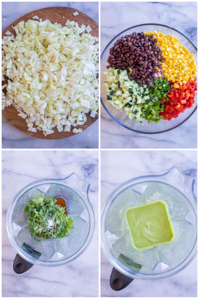 showing how to make southwestern chopped salad with creamy avocado dressing