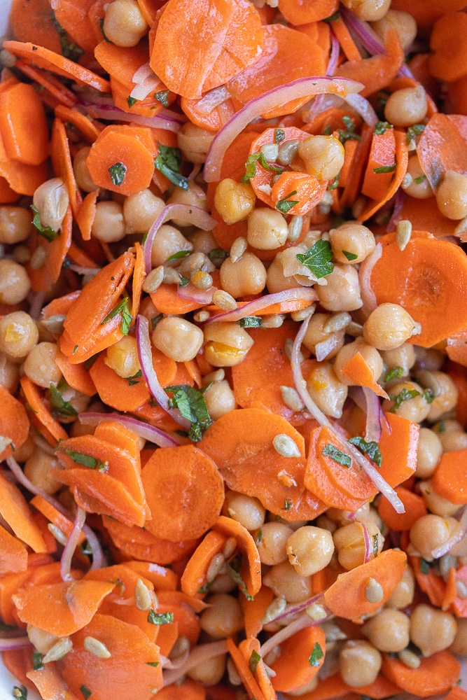 close up of fresh carrot salad with chickpeas recipe