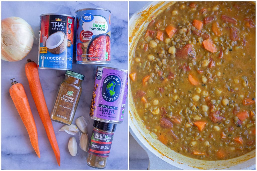 ingredients needed to make this lentil curry recipe and a finished pan of lentil chickpea coconut curry