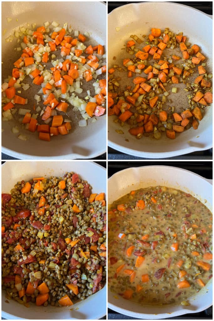 showing how to make this easy chickpea curry recipe in a few steps