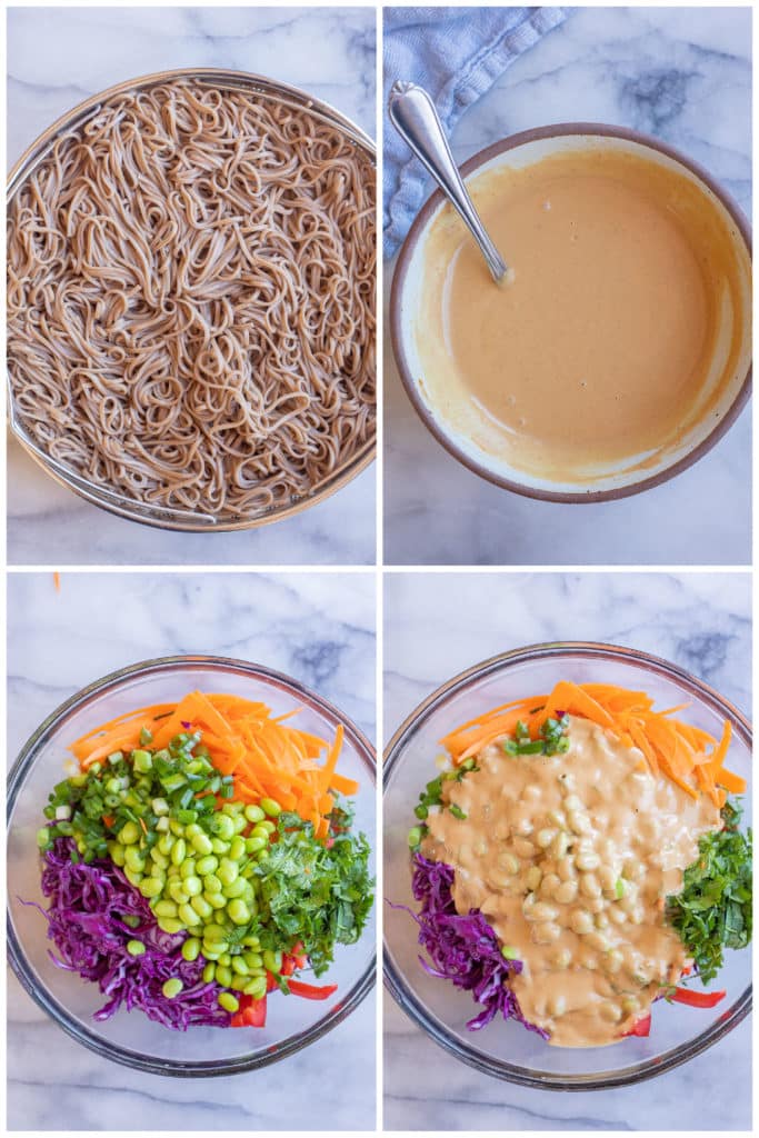 showing how to make cold soba noodle salad with peanut sauce and vegetables
