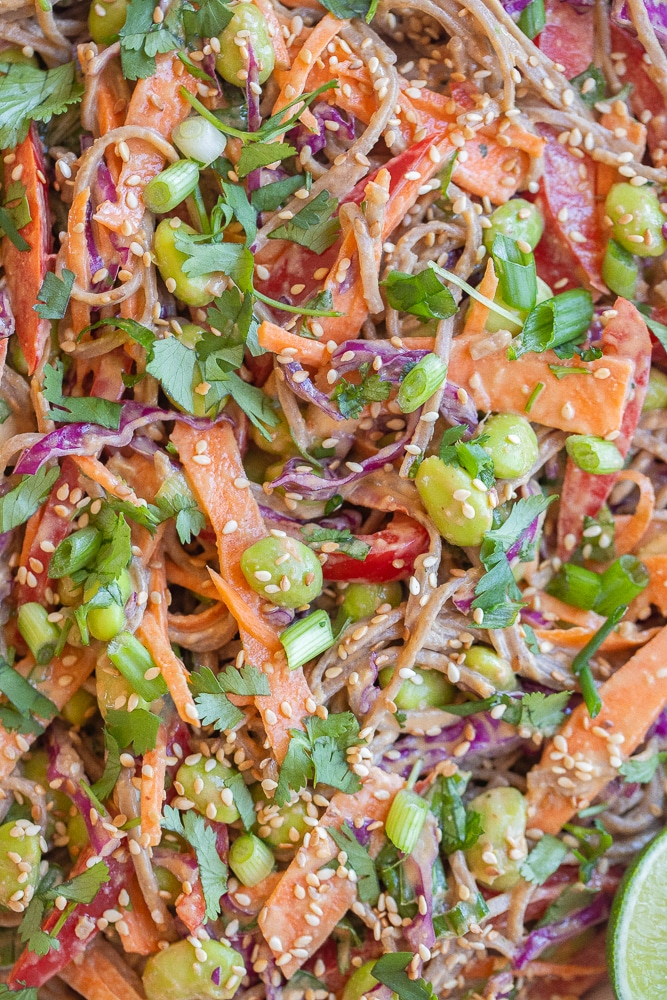 close up of spicy peanut soba noodle salad with lots of vegetables