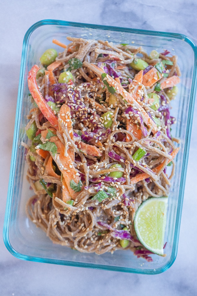 soba noodle salad in a meal prep container for lunch