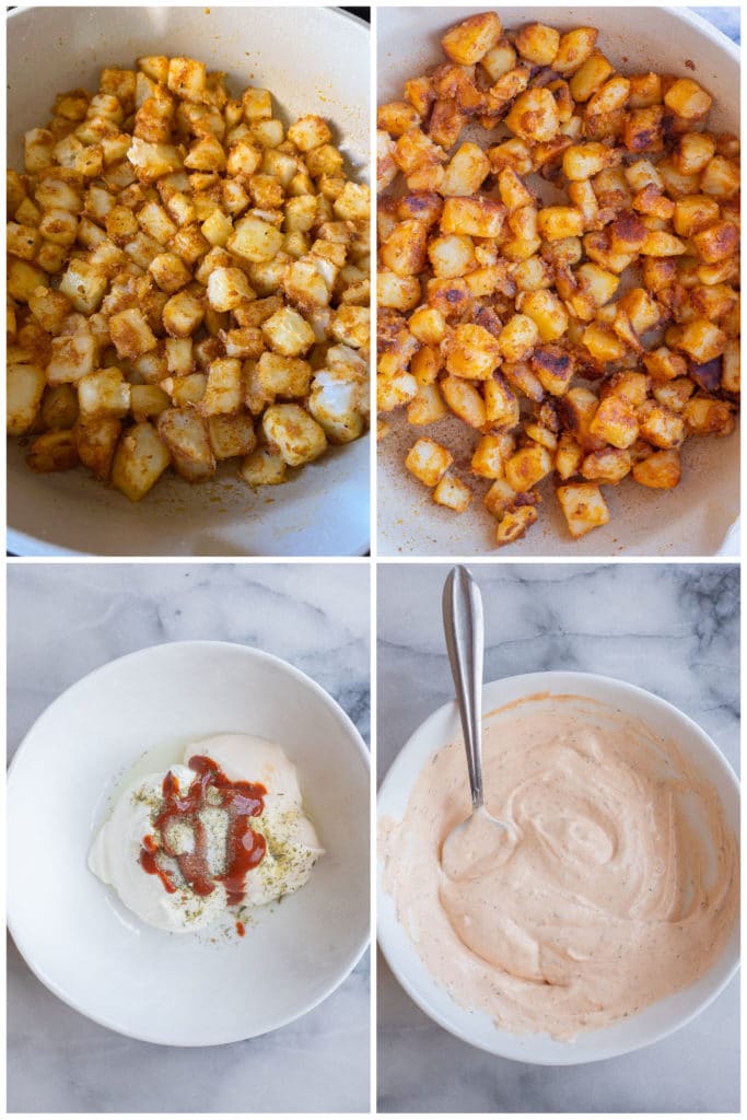 showing how to make the pan fried potatoes and the spicy ranch dressing