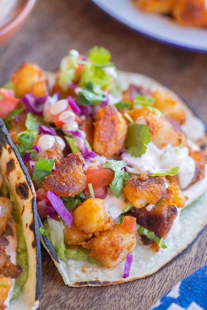 close up of a crispy potato taco with ranch dressing and toppings