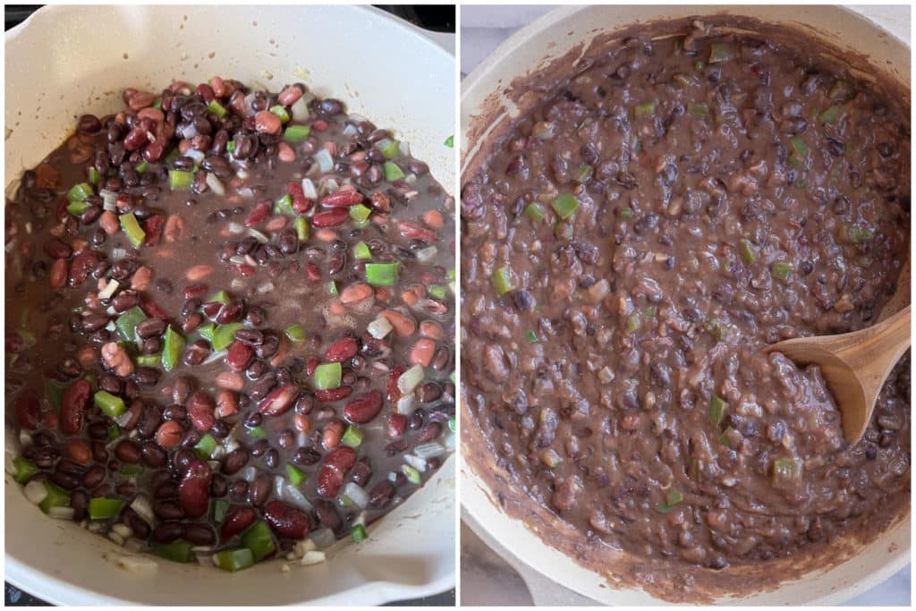showing how to make homemade refried black beans in a skillet
