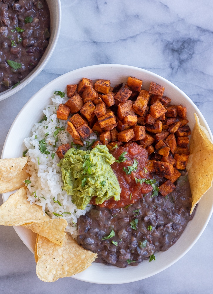 Roasted Sweet Potato and Black Bean Burrito Bowls with chips