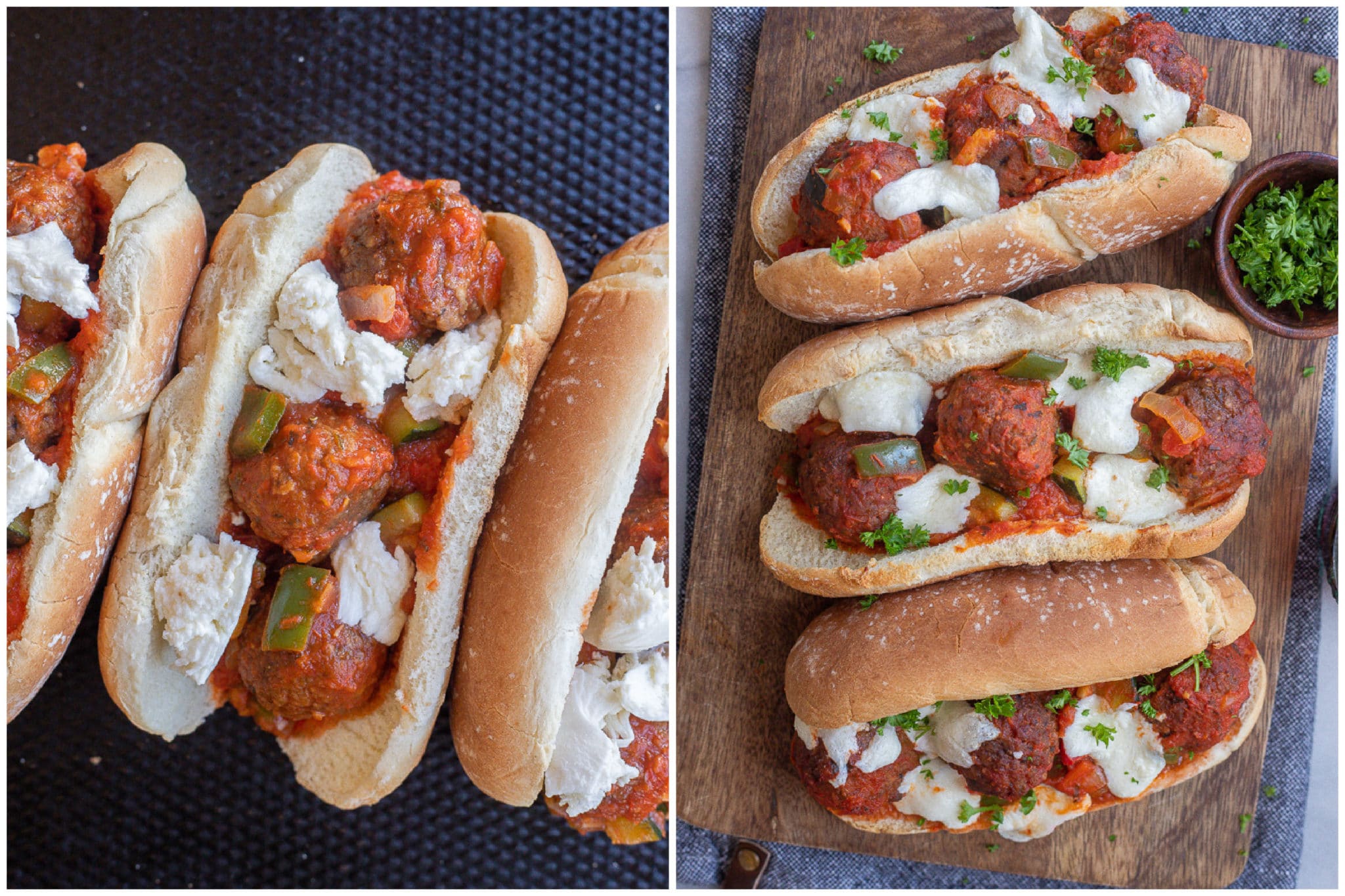 vegetarian meatball sandwiches before and after they are baked