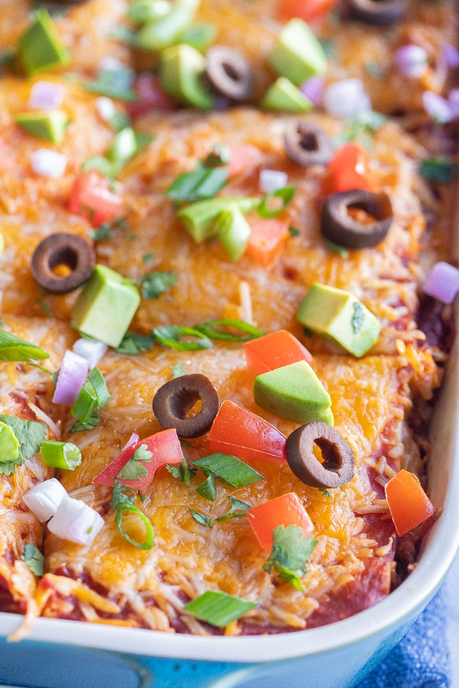 close up of a pan of Soft Taco Casserole with toppings