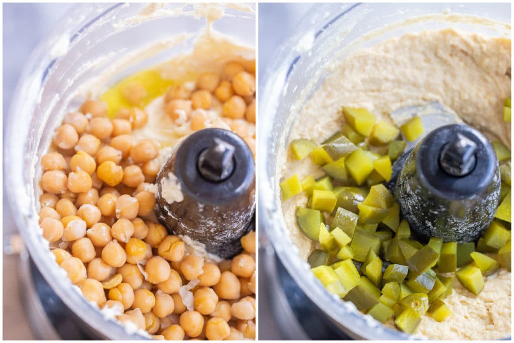 showing how to make this dill pickle hummus in a food processor
