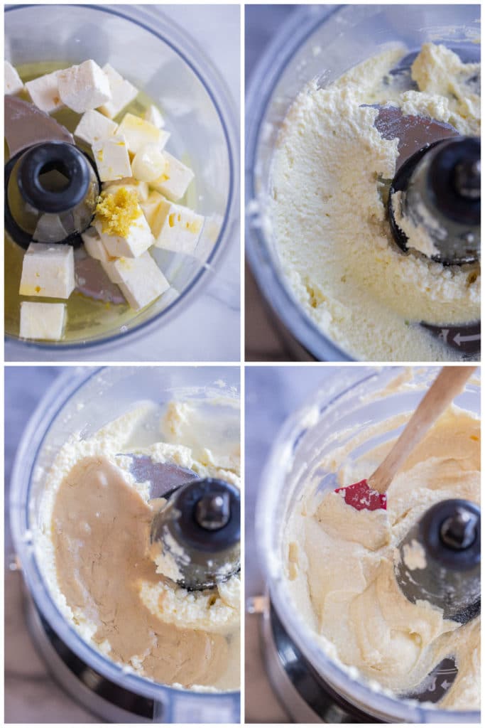 showing how to make feta hummus chickpea dip in a food processor