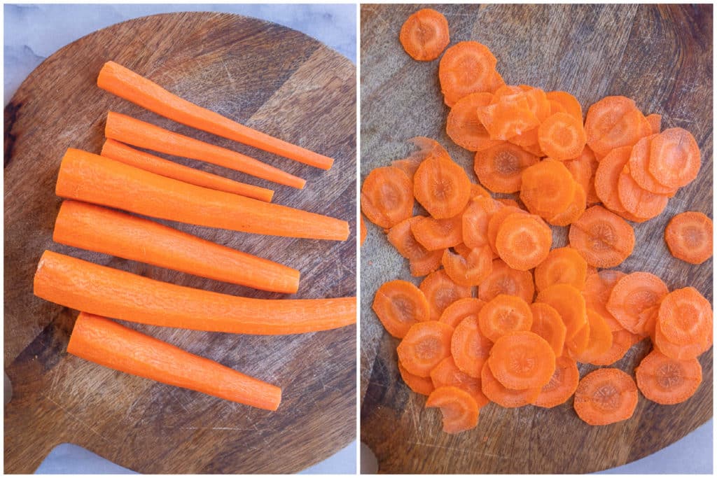 showing how to cut the carrots into thin rounds 
