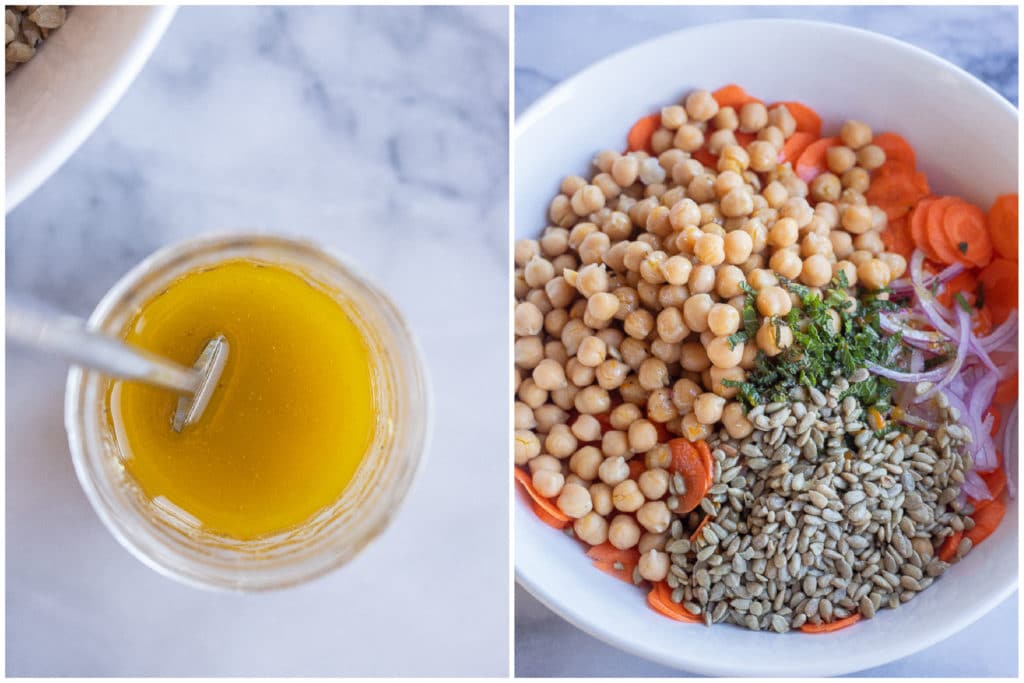 orange maple dressing and all the carrot salad ingredients in a bowl