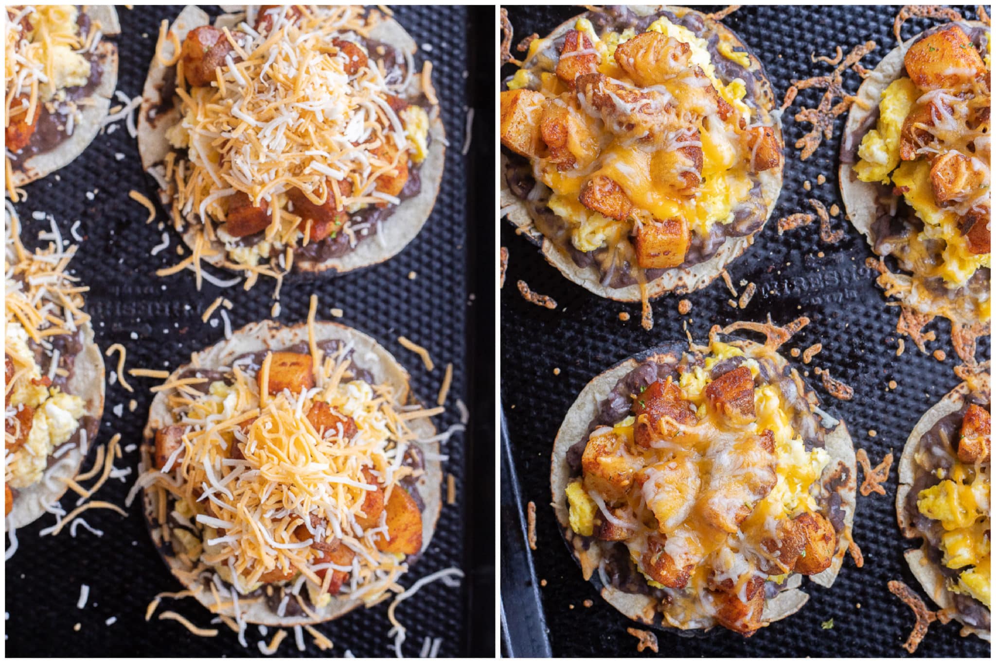 potato egg and cheese breakfast tacos before and after they have been baked