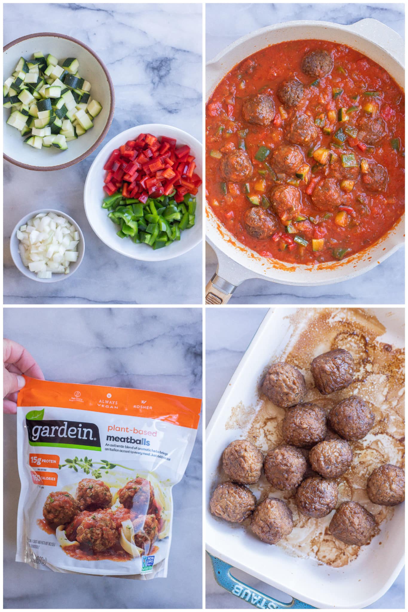 showing all the ingredients needed in order to make these vegetarian meatball subs