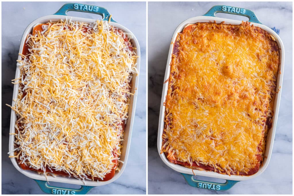 cheesy taco casserole before and after it has been baked