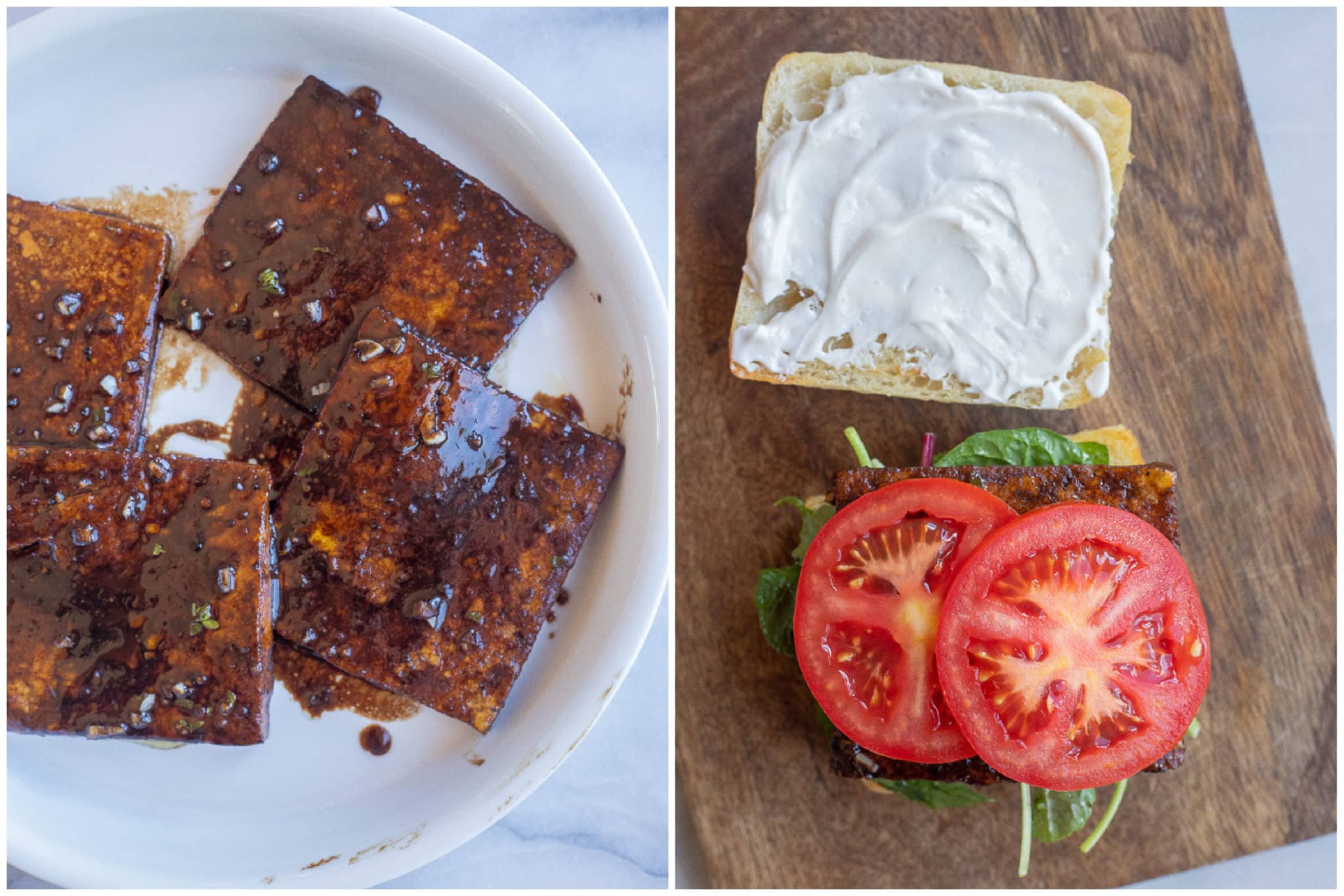 showing how to assemble your balsamic tofu ciabatta sandwiches