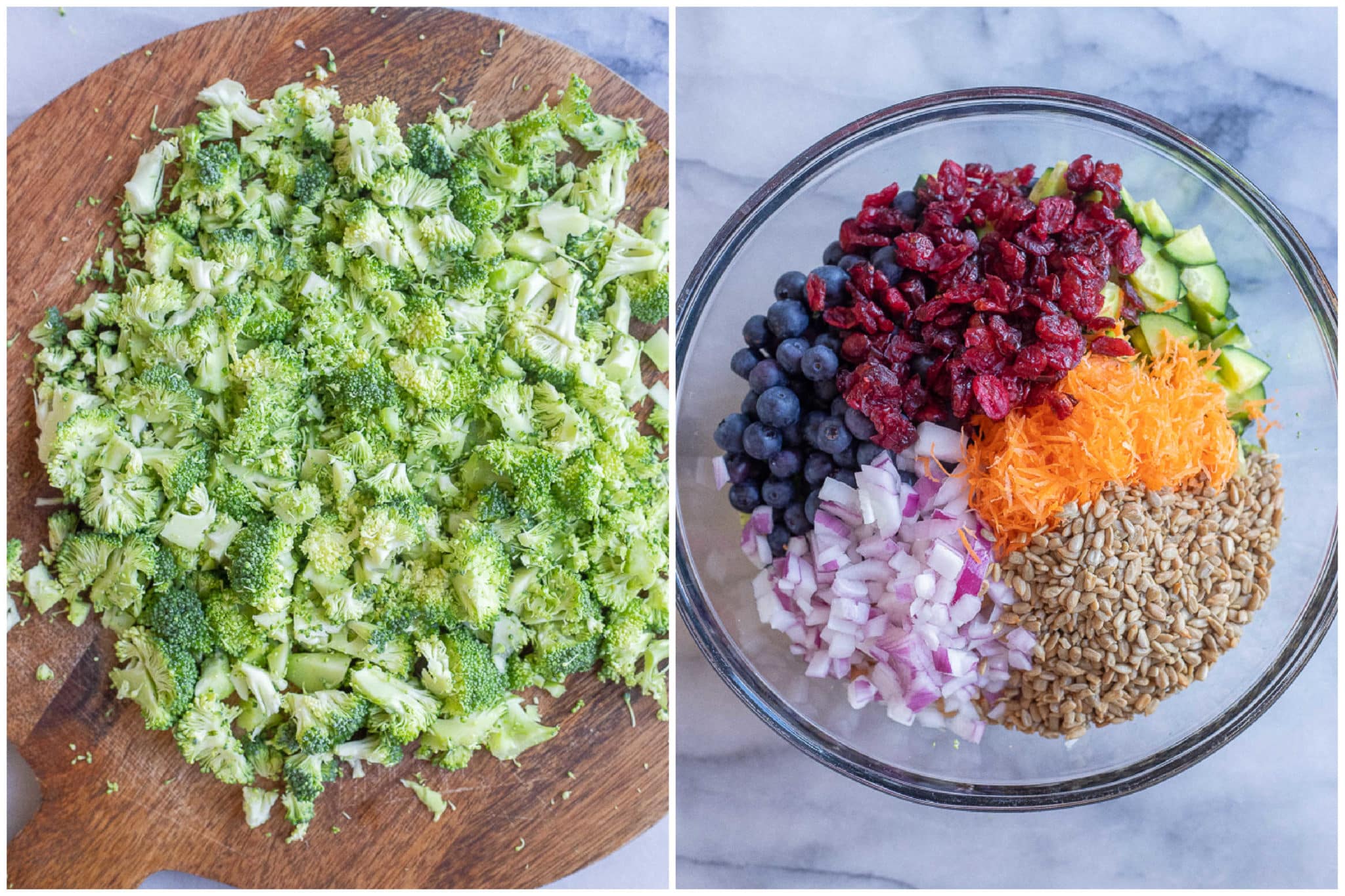 chopped broccoli on a cutting board and blueberry salad ingredients in a bowl