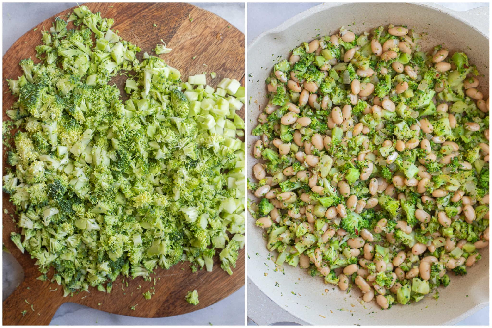 showing how to make the broccoli and white bean mixture for this easy quesadilla recipe
