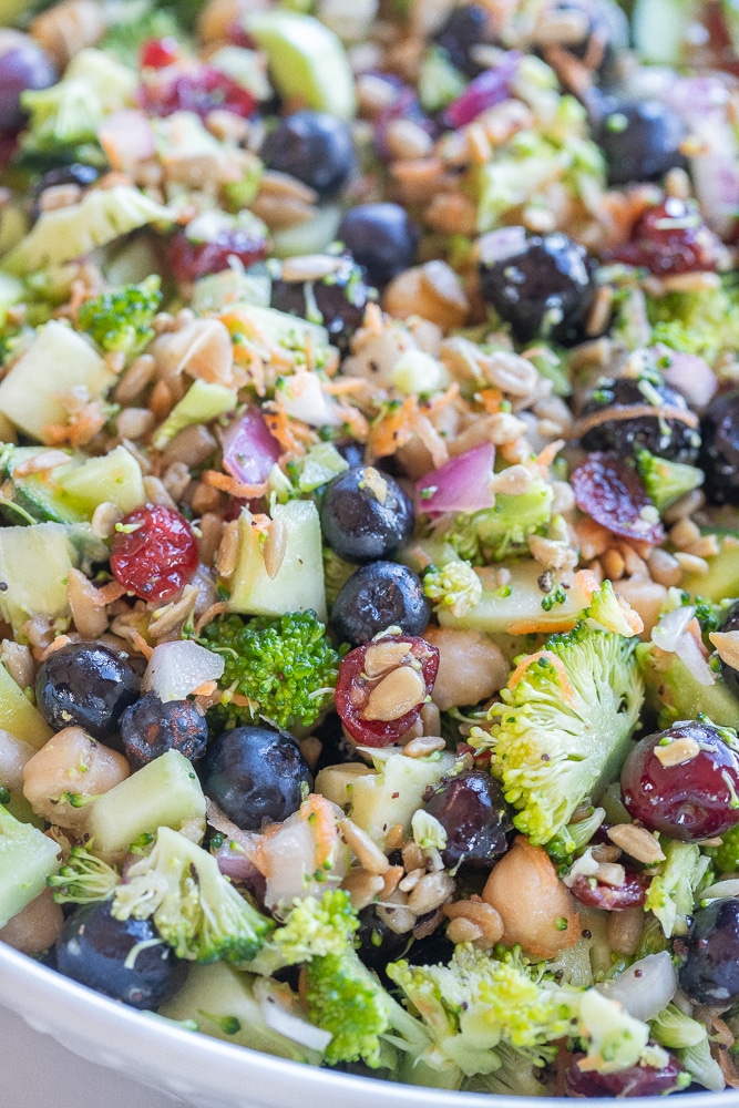 Close up of Broccoli Blueberry Salad with Chickpeas in a bowl